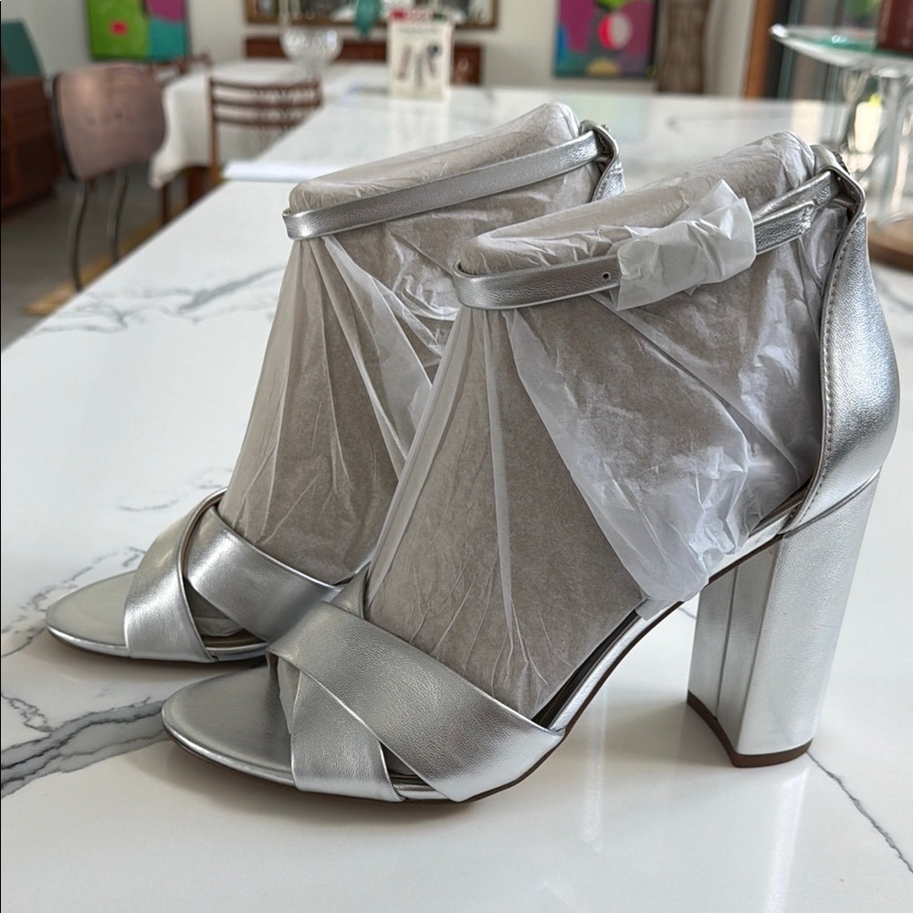 Silver Metallic Block Heel Sandals with Ankle Strap